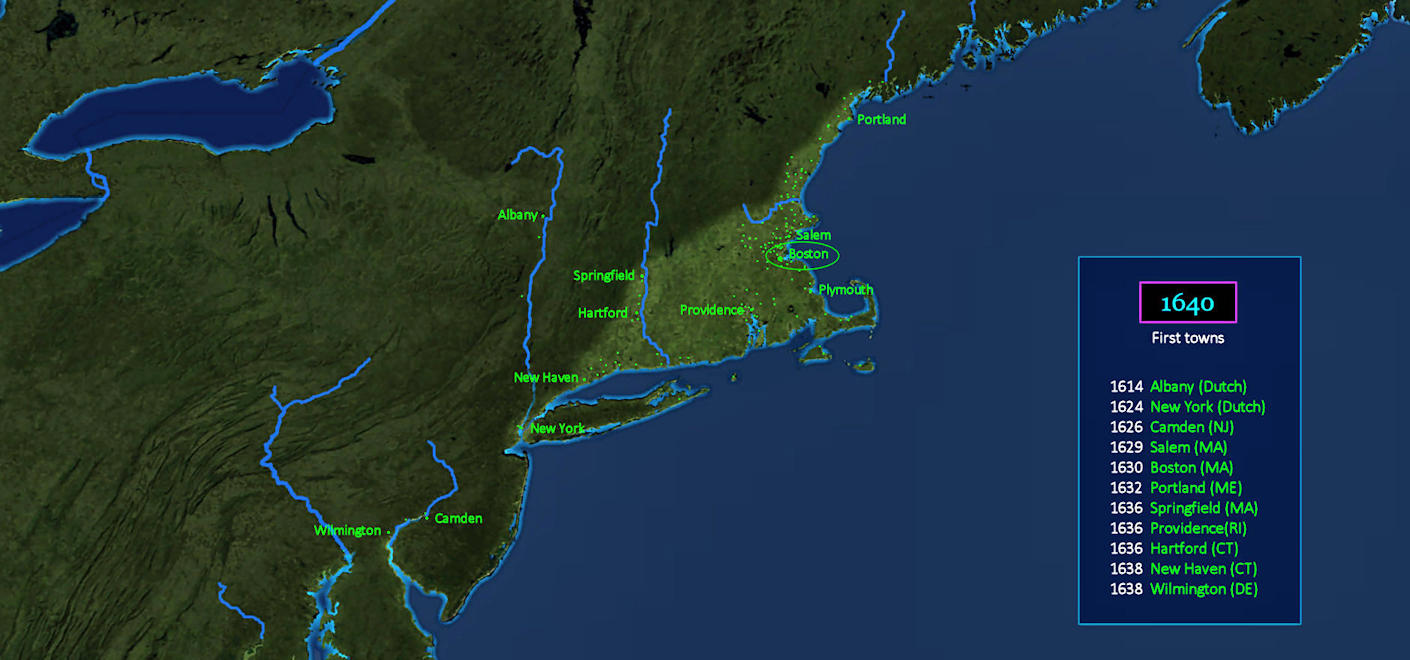 New England settlements, 1640 map